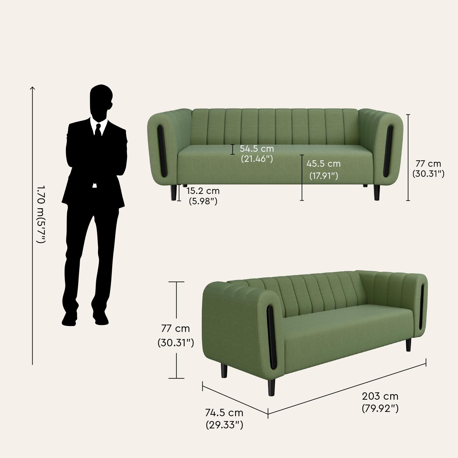 Interio by Godrej Sofa Paramount 3 Seater Fabric Sofa for Living Room, 1-Year Warranty, Solid Wood, Green - Image 2