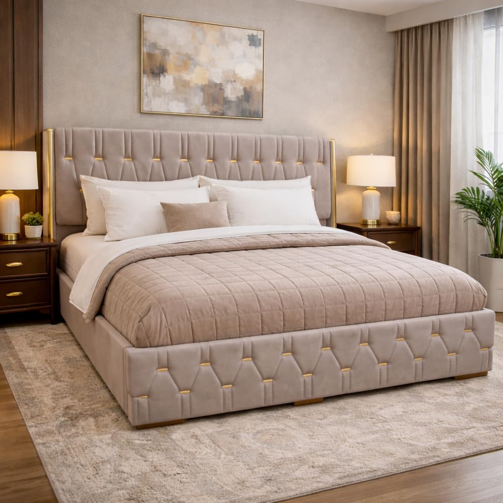 Modern Upholstered Queen Size Bed with Storage | Double Bed with Box Storage & Upholstery Premium Fabric Headboard | Platform Bed for Bedroom & Hotel | Sheesham Wood | Royal Blue | 6.5 x 5 Ft