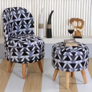 Ottoman for Living Room, Velvet Round Foot Rest Stool, Wooden Legs Chair for Sitting, Ottoman for Bedroom & Makeup Room Décor | Chair (18"x18"x32"), Puffy (16"x16"x17") | (Black Triangle)