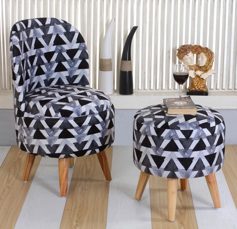 Ottoman for Living Room, Velvet Round Foot Rest Stool, Wooden Legs Chair for Sitting, Ottoman for Bedroom & Makeup Room Décor | Chair (18"x18"x32"), Puffy (16"x16"x17") | (Black Triangle)